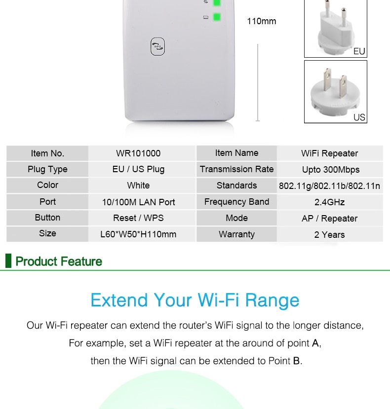 300Mbps WiFi Repeater | Wireless Range Extender with WPS & Signal Amplifier